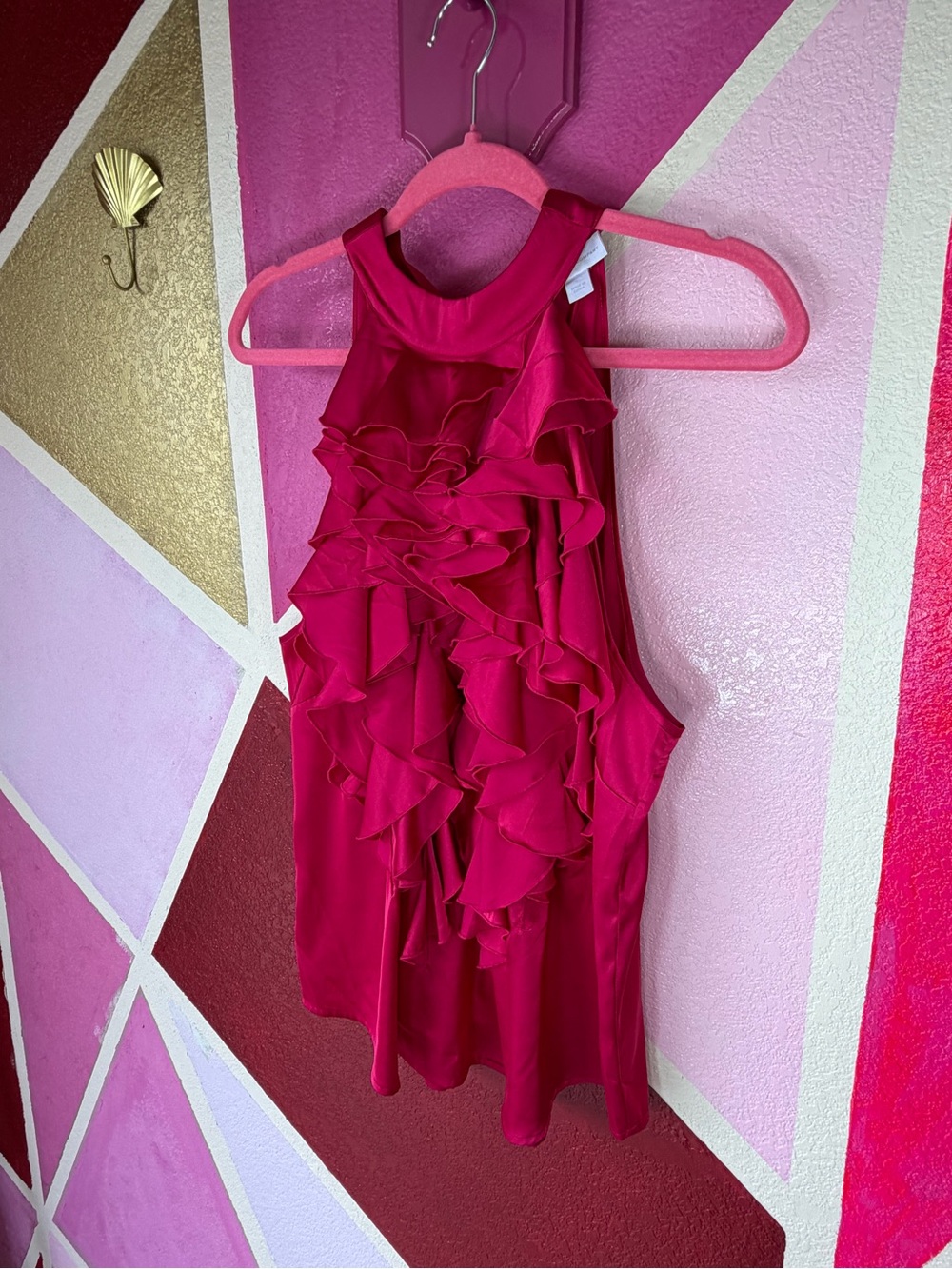 New York & Company Magenta Ruffle Front Halter Blouse sz L - Picture 3 of 10